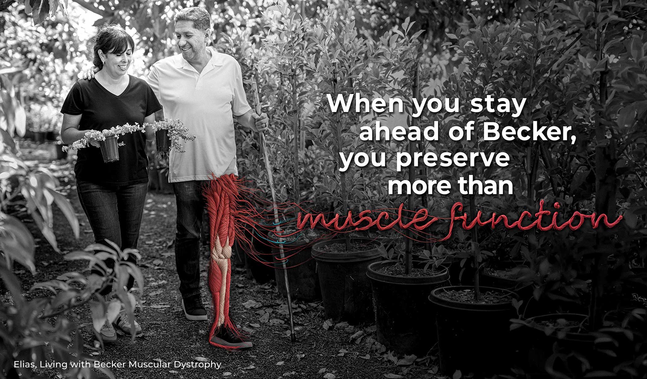 Elias, an adult man living with becker muscular dystrophy, walking with his spouse