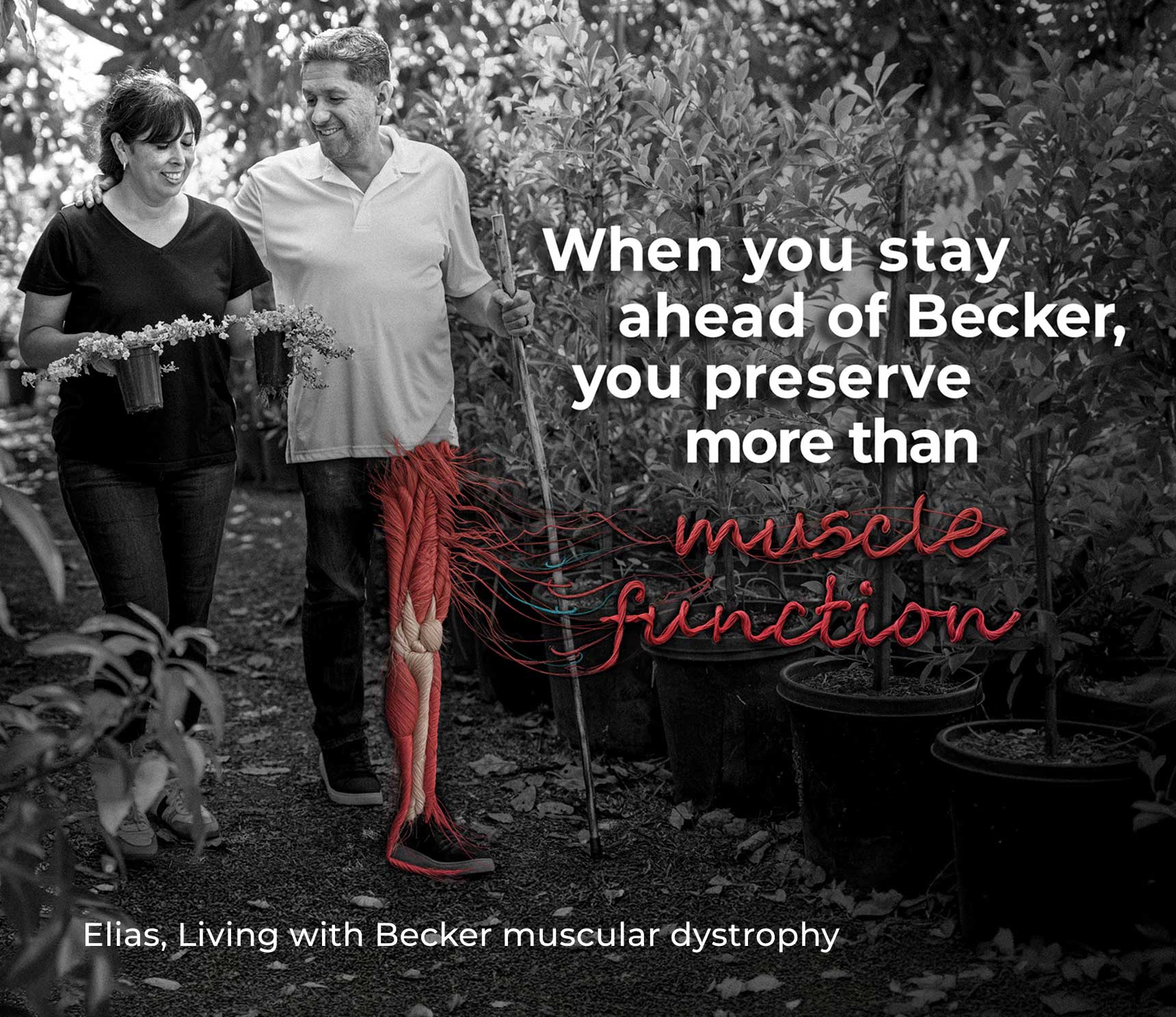 Elias, an adult man living with becker muscular dystrophy, walking with his spouse